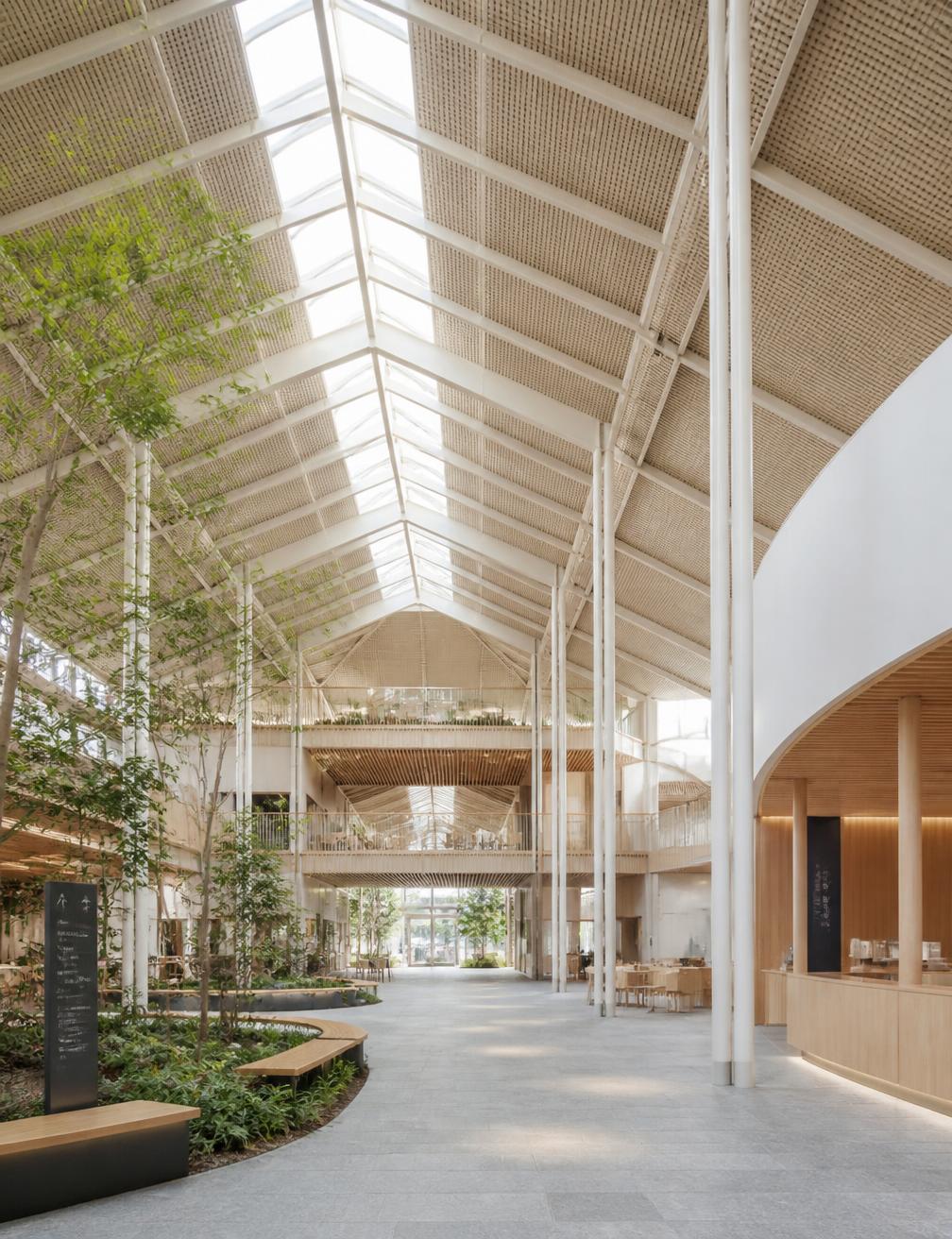 Long-span atrium roof of a public venue lit by skylights