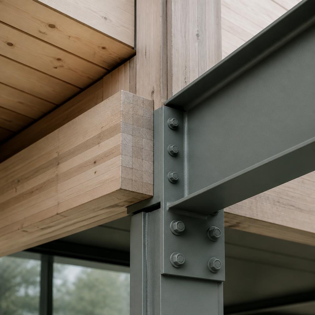 Bolted steel and laminated timber beam-to-column connection